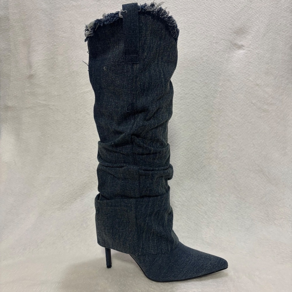 Dark Wash Denim Slouch Knee High Stiletto Boots Pointed Toe Frayed Edge US 6